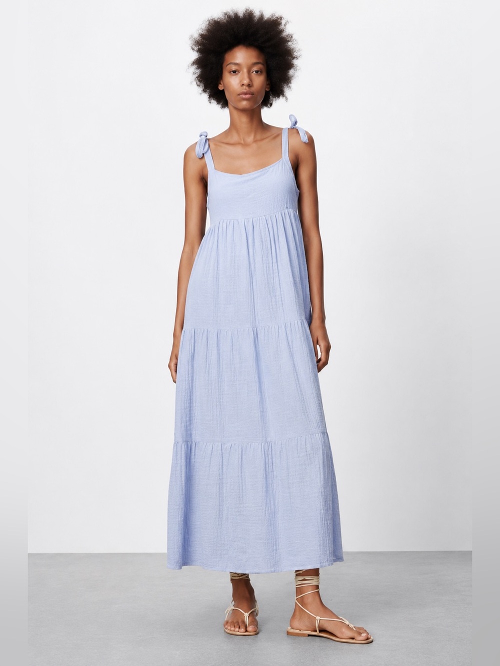 Zara Light Blue Tiered Maxi Dress | Tie Shoulder Sundress | Boho Beach Vacation